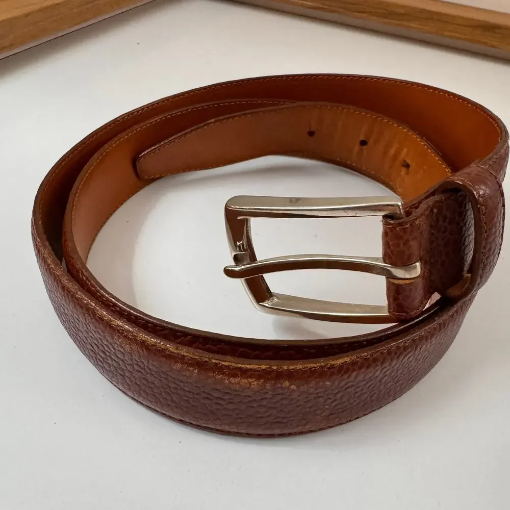 Vintage HUGO BOSS Calf Belt Brown Pebbled Leather Silver Buckle Size 100 USED